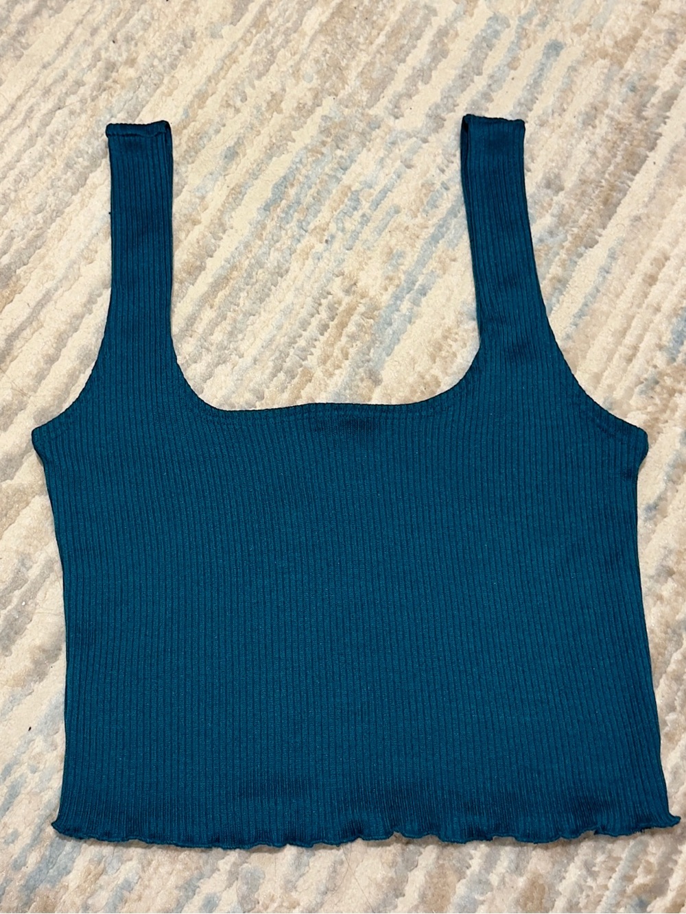 Square Neck Ruffle Hem Ribbed Tank Top in Teal Blue Size Small